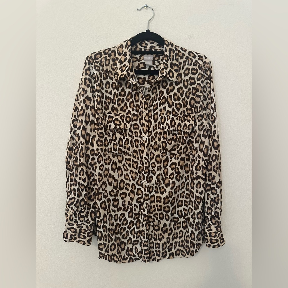 Chico’s Leopard Print Modal Button Up Blouse Sz 12-14 Career Closet Staple Work